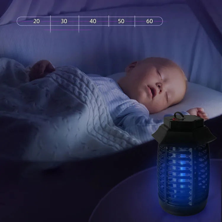 Black aromatherapy mosquito lamp with a protective metal grid, shown with optional UV or LED light tubes.