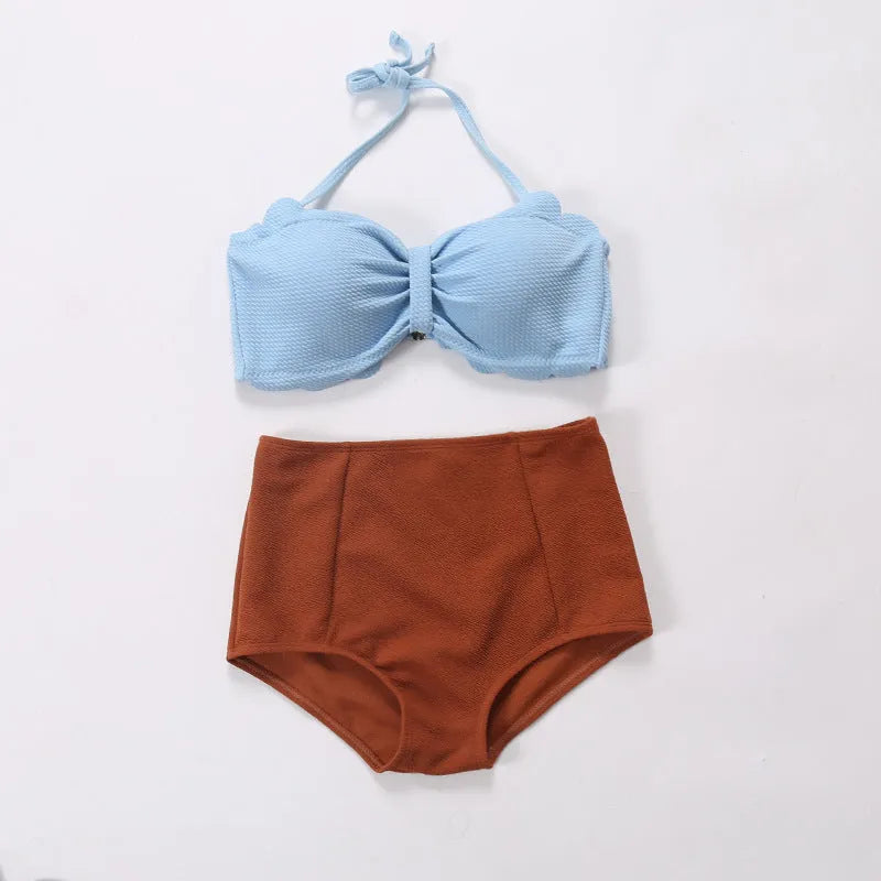 Nylon bikini duo set on model, available in styles A, B, C and sizes M L XL with cup and hip sizing chart