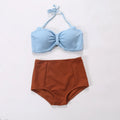 Nylon bikini duo set on model, available in styles A, B, C and sizes M L XL with cup and hip sizing chart