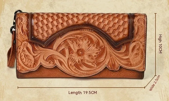 Retro brown tri-fold women's leather wallet with an embossed floral pattern, shown open to reveal compartments.
