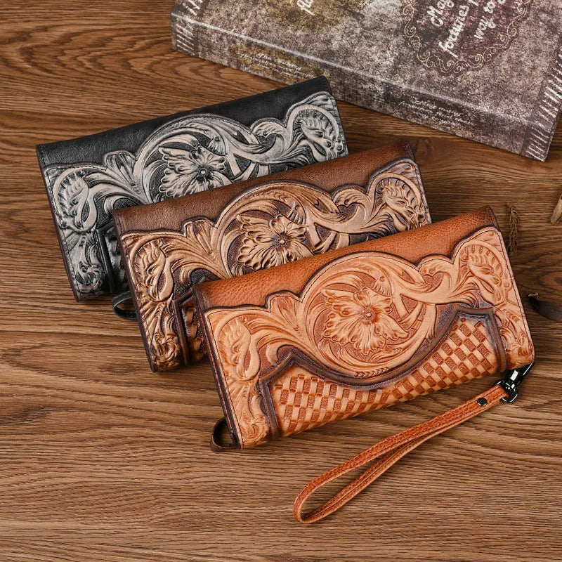 Retro brown tri-fold women's leather wallet with an embossed floral pattern, shown open to reveal compartments.