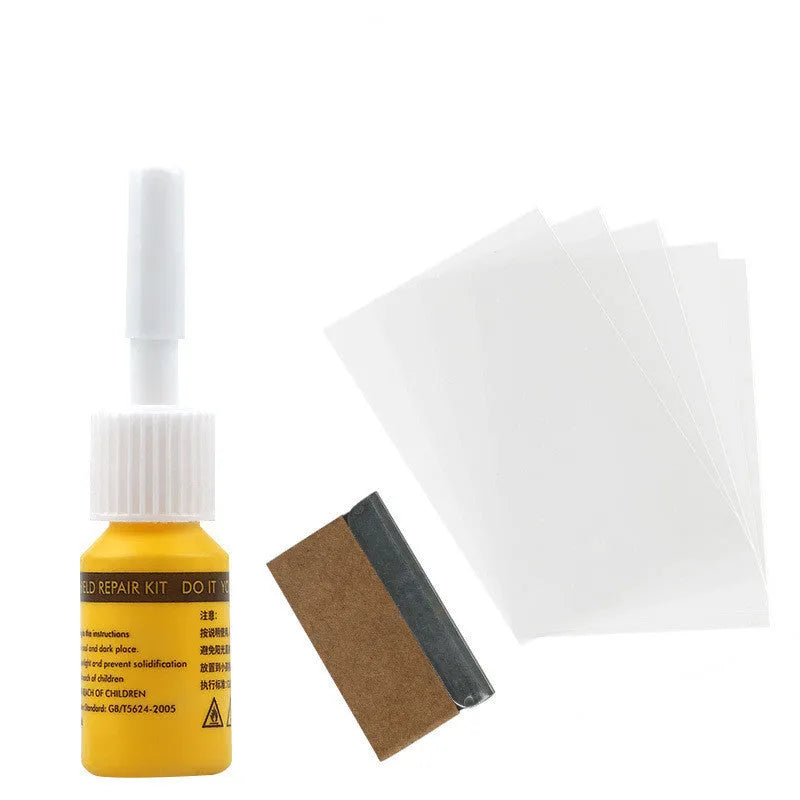 Yellow car windscreen repair kit three-piece set with glass repairing liquid