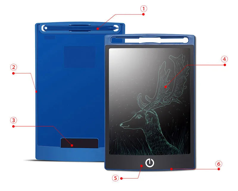 LCD writing tablet with blue green bold font, black frame, pen writing on screen, 150x122mm