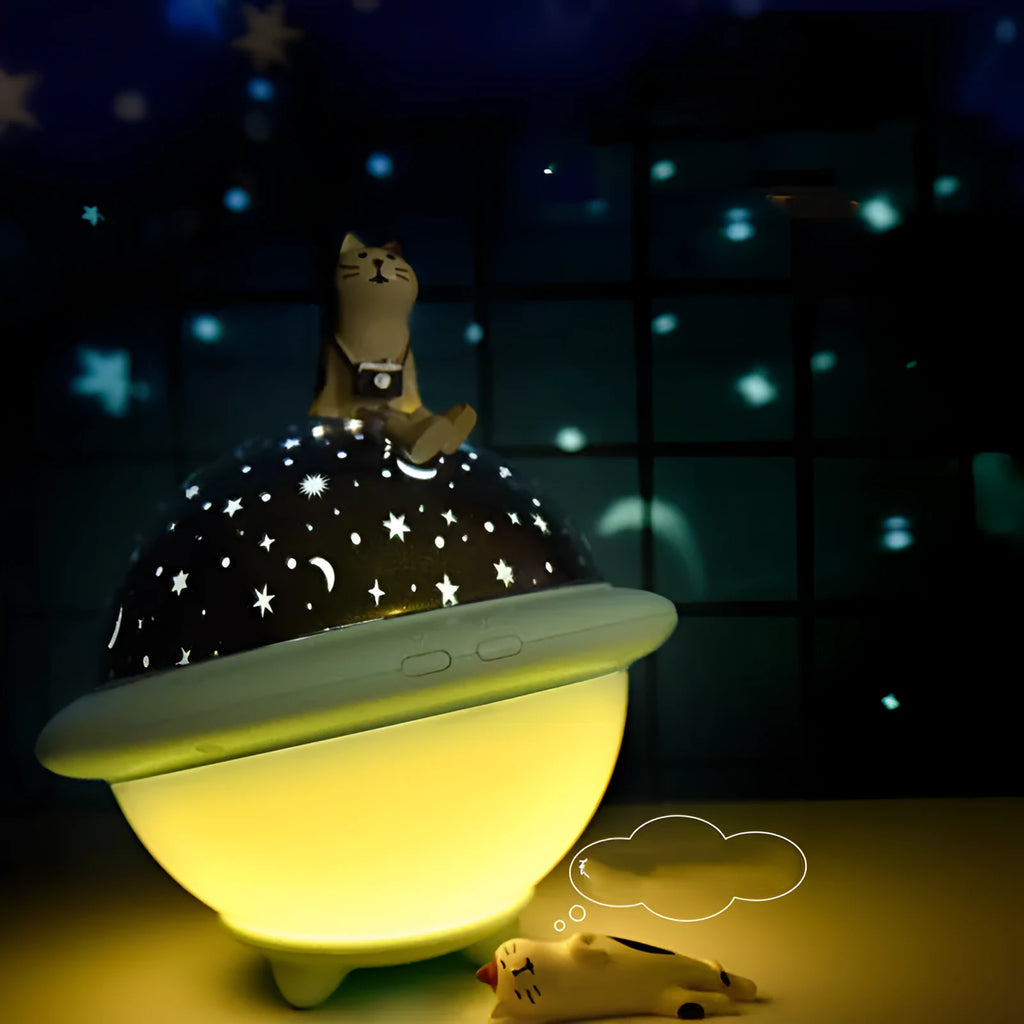 UFO-shaped plastic starry sky projection night light in green, pink or white colour.