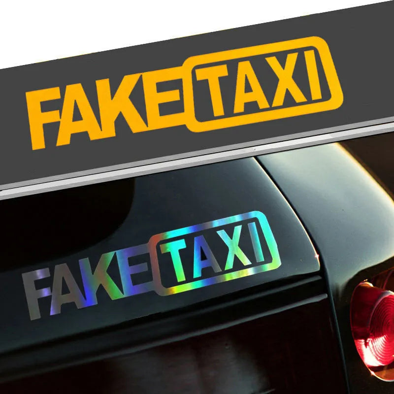 Yellow 'FAKE TAXI' waterproof PET car warning sticker measuring 20cm by 8cm.