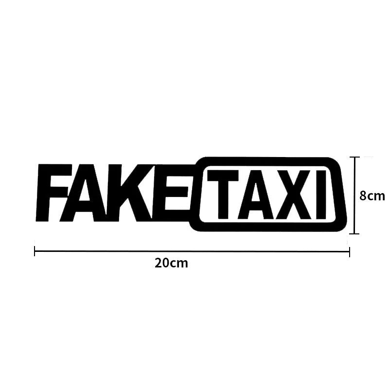 Yellow 'FAKE TAXI' waterproof PET car warning sticker measuring 20cm by 8cm.