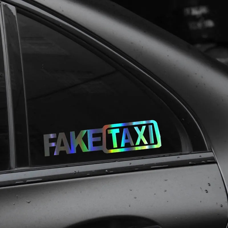 Yellow 'FAKE TAXI' waterproof PET car warning sticker measuring 20cm by 8cm.