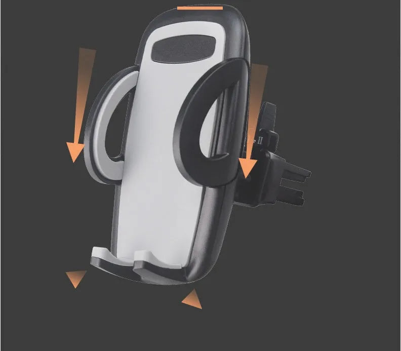 Black universal mobile phone holder clipped to car air conditioning outlet