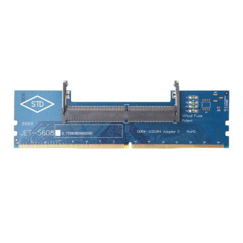 DDR4 laptop memory to desktop adapter card with test protection circuitry