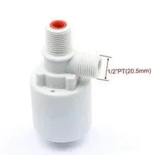 White automatic float valve with three thread sizes for purified water systems