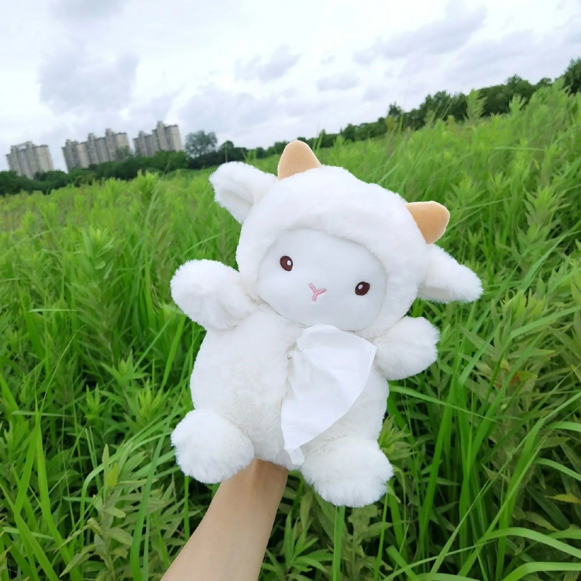 Plush fabric cartoon car tissue box with lamb design for vehicle and household decoration