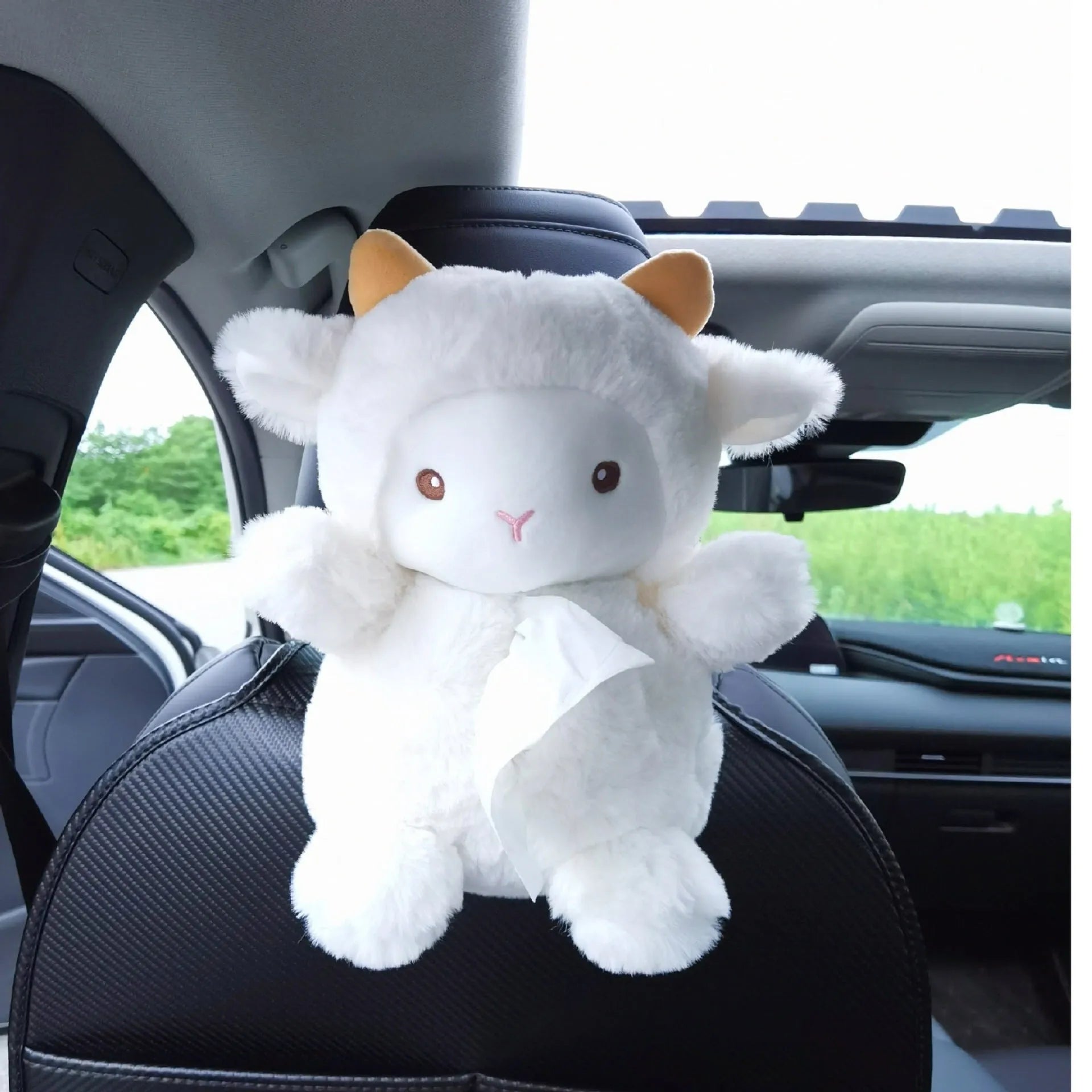 Plush fabric cartoon car tissue box with lamb design for vehicle and household decoration