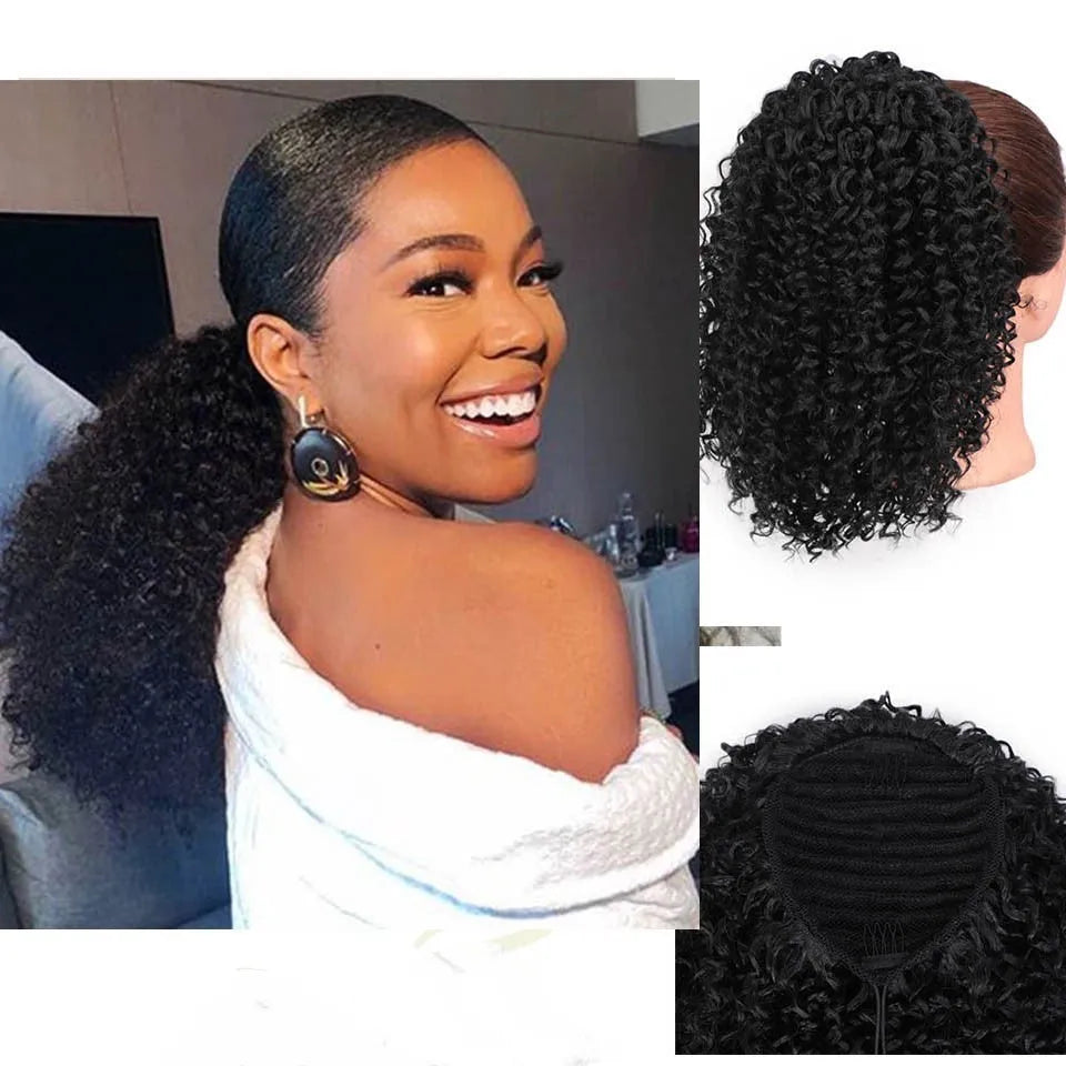 14-inch chemical fibre fluffy ponytail wig in black high temperature wire for women