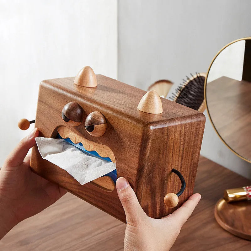 Little Monster cartoon design wooden tissue box in walnut beech finish 190x104x125mm