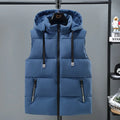 Men's solid blue fleece-lined vest with a detachable hood on a hanger.