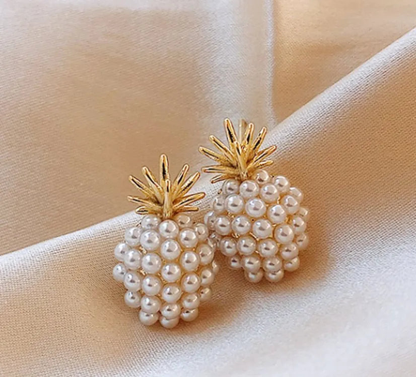 Korean style pineapple starfish pearl drop earrings in electroplated alloy with artificial gem inlay