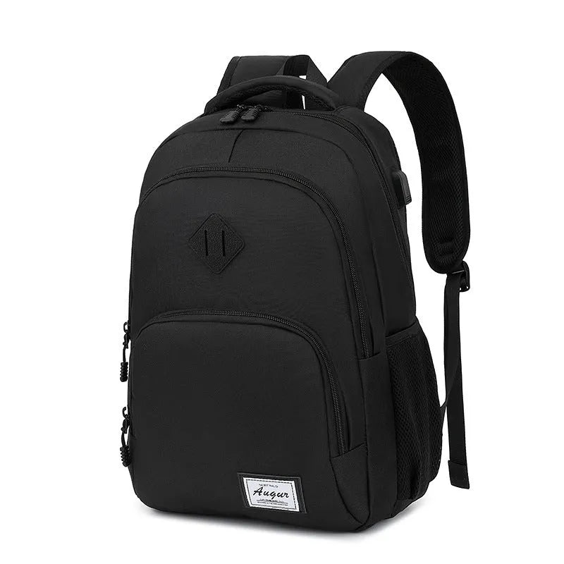 Simple grey and black nylon backpack with USB charging port on side strap.