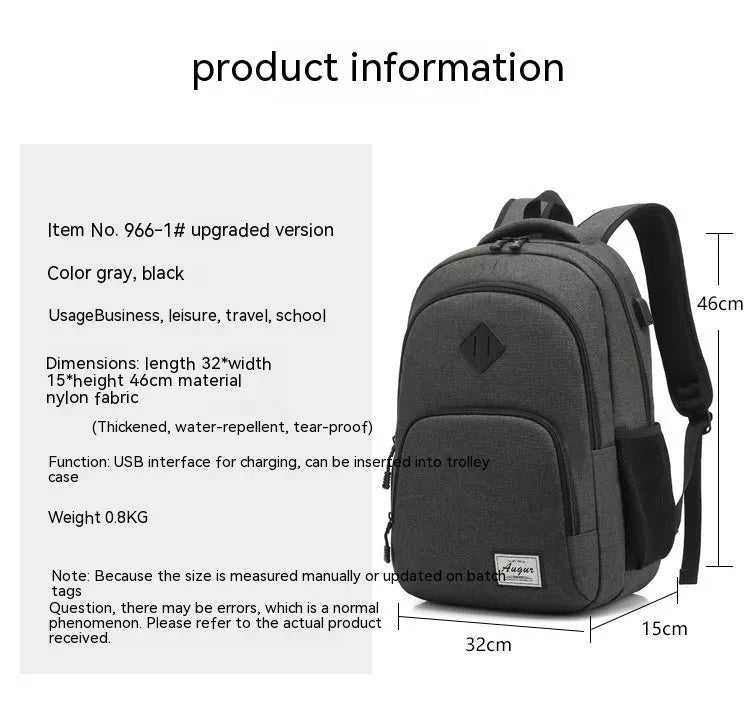Simple grey and black nylon backpack with USB charging port on side strap.