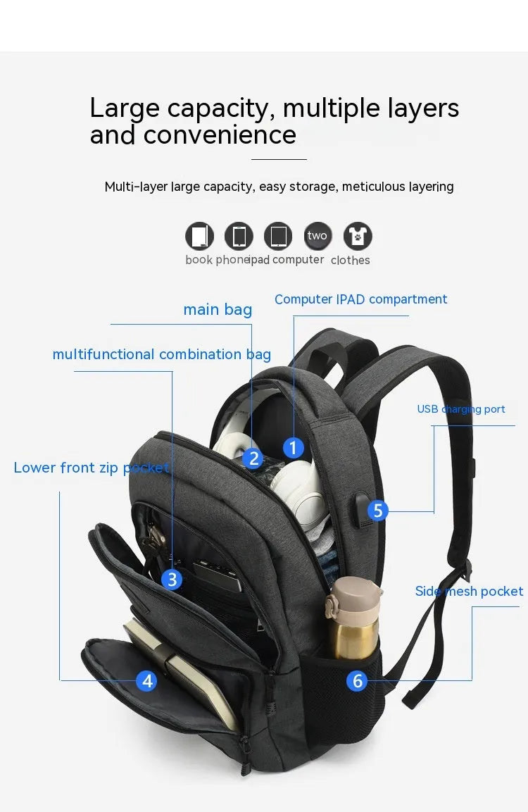Simple grey and black nylon backpack with USB charging port on side strap.