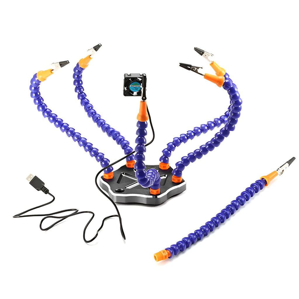 Black aluminium six-claw welding station with multiple adjustable arms for model repair soldering.