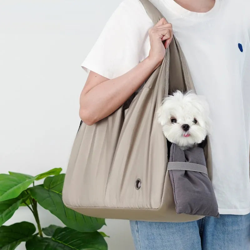 Apricot coloured cloth pet carrier bag for small animal transport