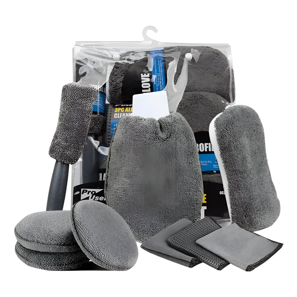 All-grey nine-piece car wash set showing microfiber towels, sponge, gloves, tyre brush, and waxing wipes.