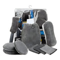 All-grey nine-piece car wash set showing microfiber towels, sponge, gloves, tyre brush, and waxing wipes.