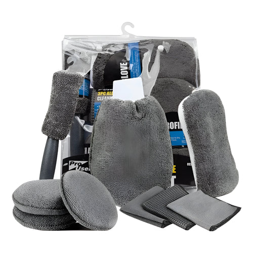 All-grey nine-piece car wash set showing microfiber towels, sponge, gloves, tyre brush, and waxing wipes.
