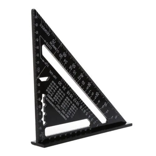 Black aluminium triangle ruler square showing 90 and 45-degree angles with measurement markings