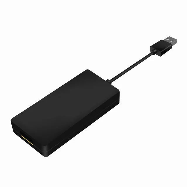 Black Wireless CarPlay USB dongle adapter for connecting iPhone to car navigation screen.