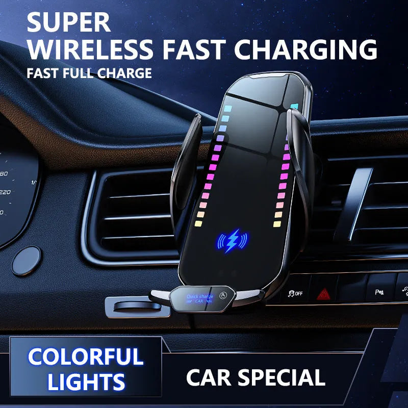 Car mobile phone holder with 15W wireless charging pad and electric clamping mechanism.