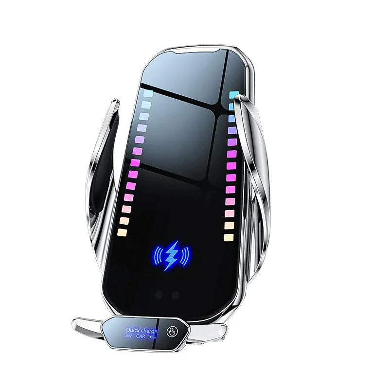 Car mobile phone holder with 15W wireless charging pad and electric clamping mechanism.
