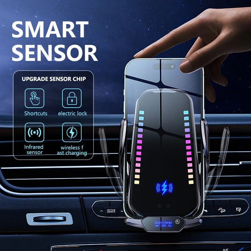 Car mobile phone holder with 15W wireless charging pad and electric clamping mechanism.