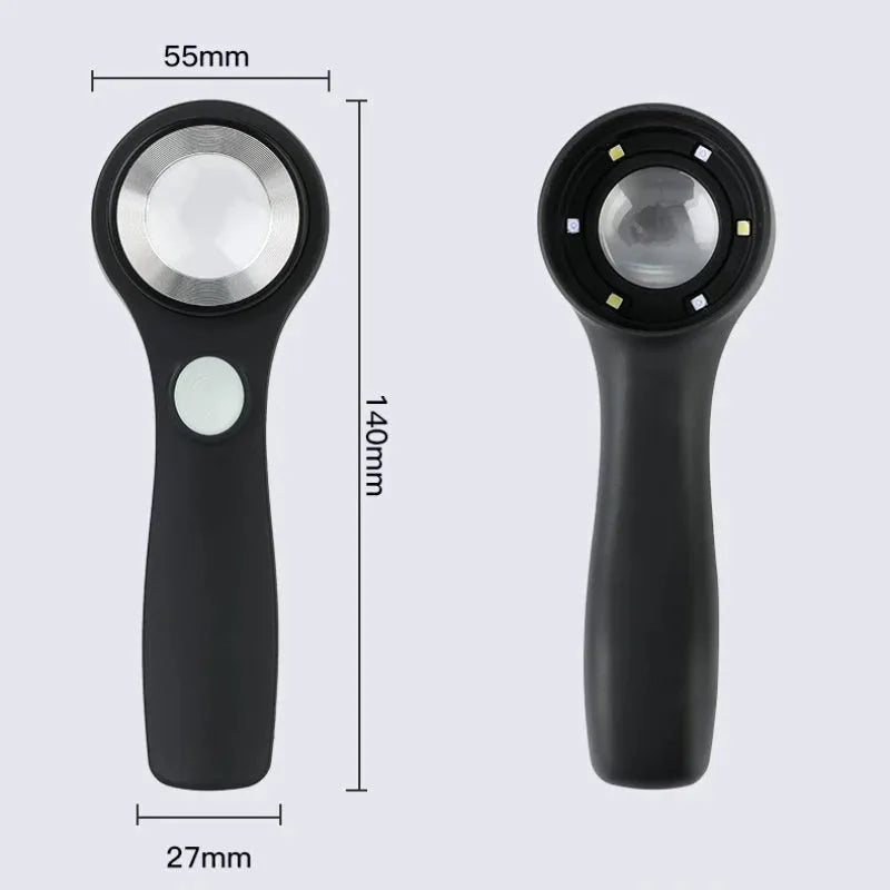Illuminated black magnifying glass with optical glass lens for jewellery and stamp appraisal on a table.
