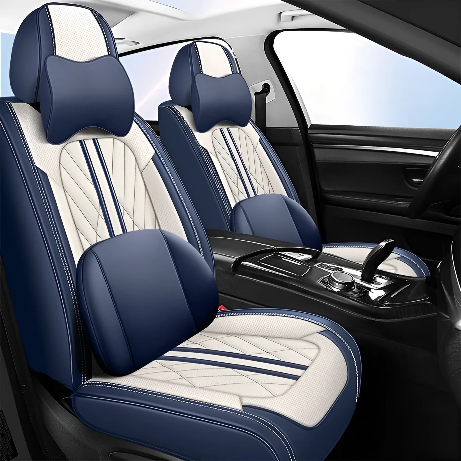 Five-piece leather car seat cushion set in various colour options including striped patterns