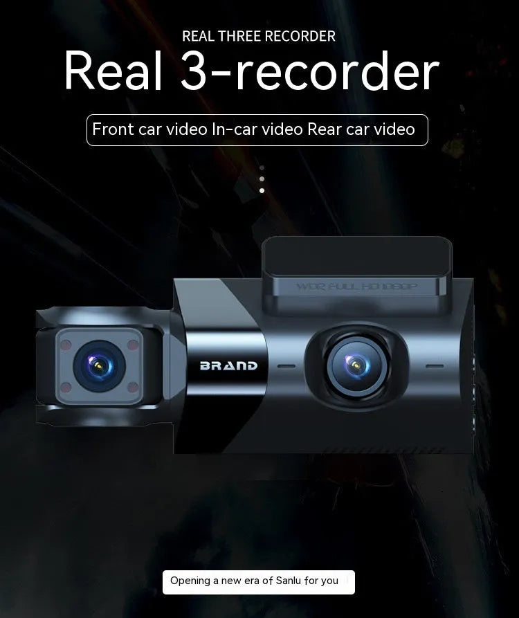 Black car dash camera with 5-inch touchscreen mounted on vehicle windscreen bracket