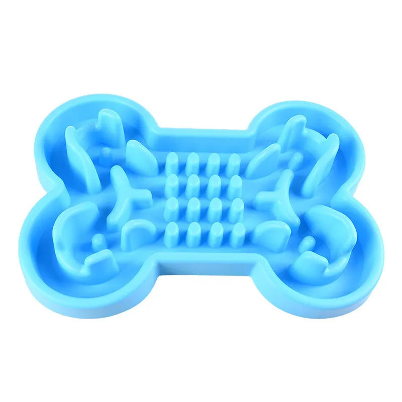 Bone puzzle silicone dog bowl slow feeder in blue with raised ridges for interactive feeding