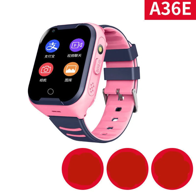 Blue and pink children's smart watch with touch screen for video calls and GPS tracking.
