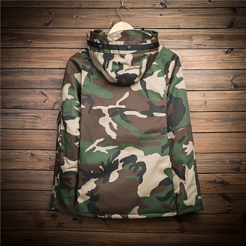 Men's winter camouflage cotton hooded jacket with zipper and straight hem on white background