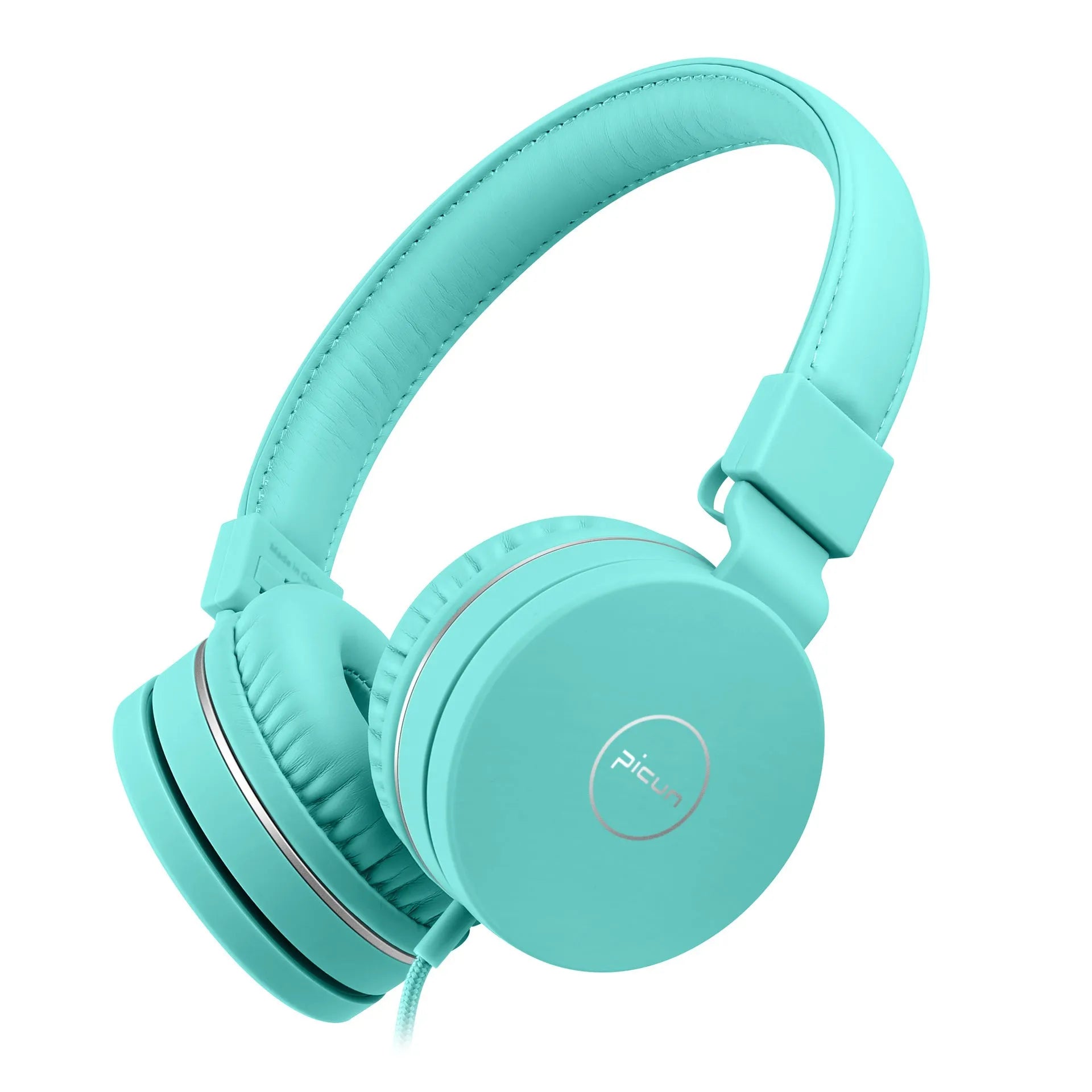 BENGOO C30 over-ear wired headphones with microphone in mint green, showing braided cable and 3.5mm plug.