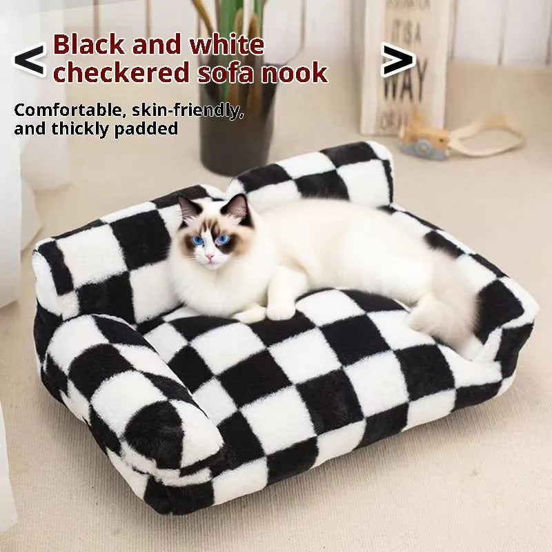 Black and white plaid plush kennel bed for cats and dogs, extra large size 90x55x26cm