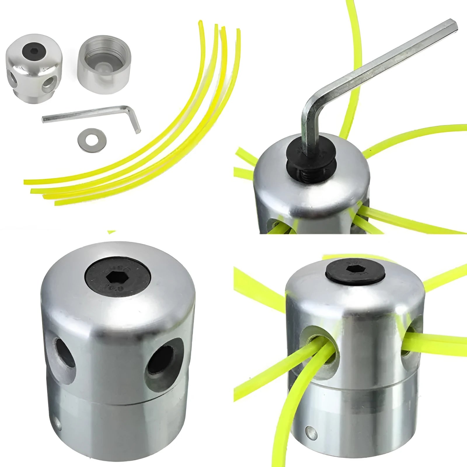 Silver aluminium cylinder grass trimmer head with four light yellow square grass ropes