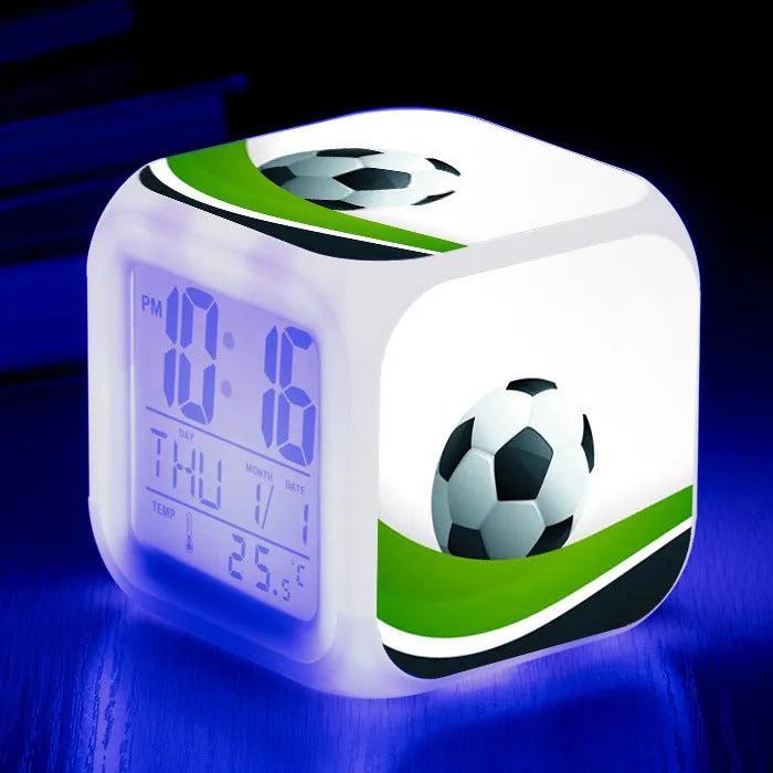 Square plastic alarm clock with football pattern design and silent alarm function for children's bedrooms