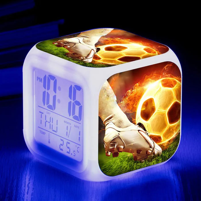 Square plastic alarm clock with football pattern design and silent alarm function for children's bedrooms