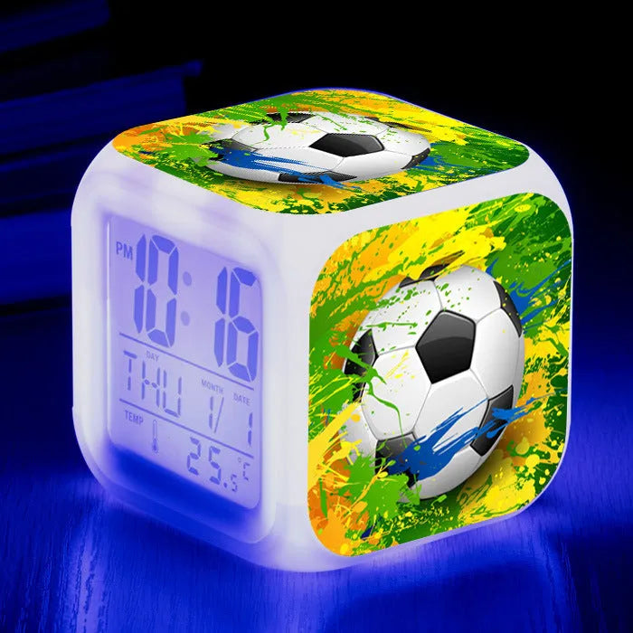 Square plastic alarm clock with football pattern design and silent alarm function for children's bedrooms