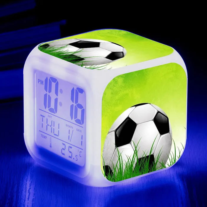 Square plastic alarm clock with football pattern design and silent alarm function for children's bedrooms