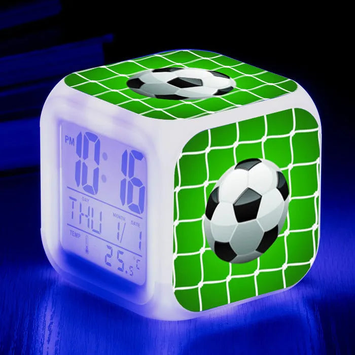 Square plastic alarm clock with football pattern design and silent alarm function for children's bedrooms