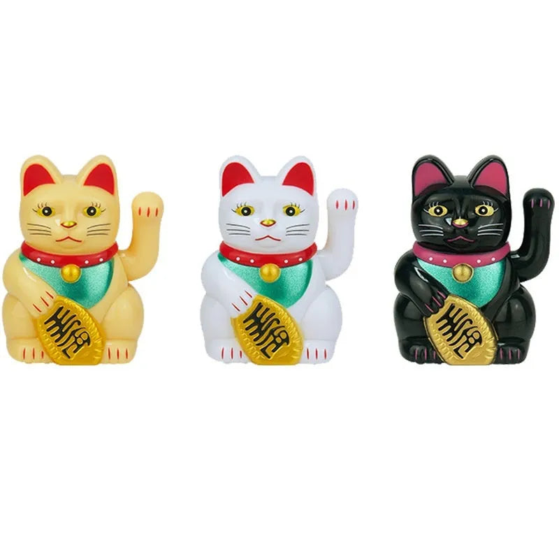 Solar-powered Maneki Neko waving cat car decoration in yellow on dashboard