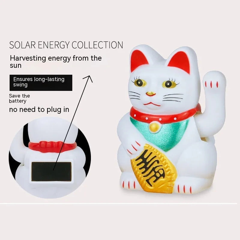 Solar-powered Maneki Neko waving cat car decoration in yellow on dashboard