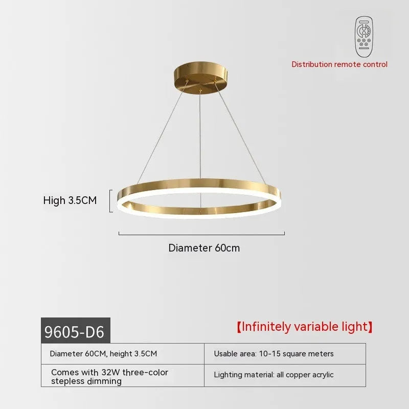 Nordic modern copper circle chandelier with three-circle design and remote control